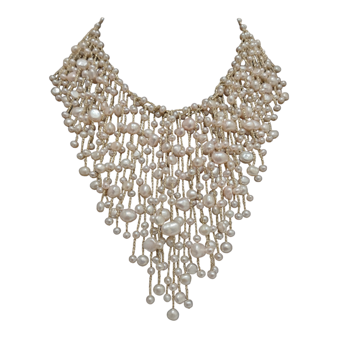 Faux Water Pearl Necklace Light Pink Cream Gold Choker Statement Piece Silver